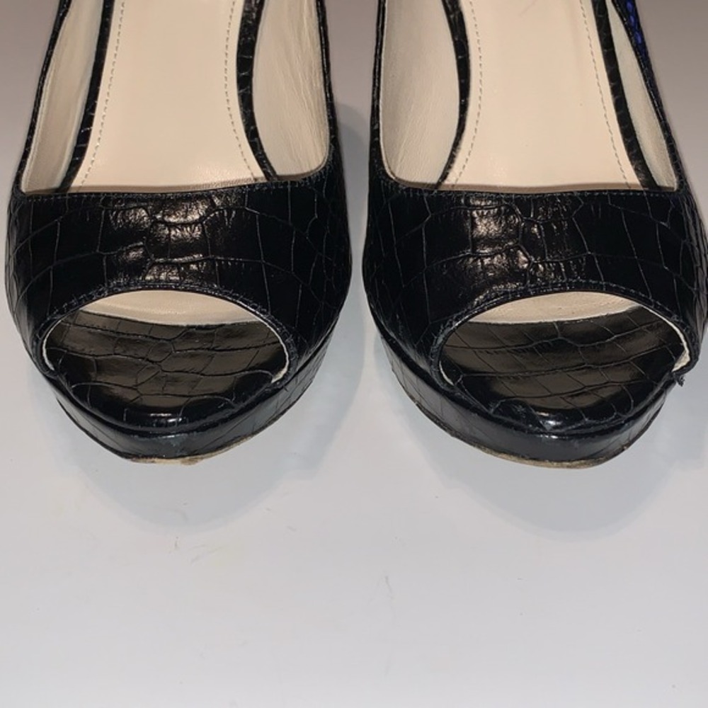Vtg Prada Sz 36.5 Black Crocodile Embossed Leather Peep Toe Platform Pumps Heels - Picture 14 of 16